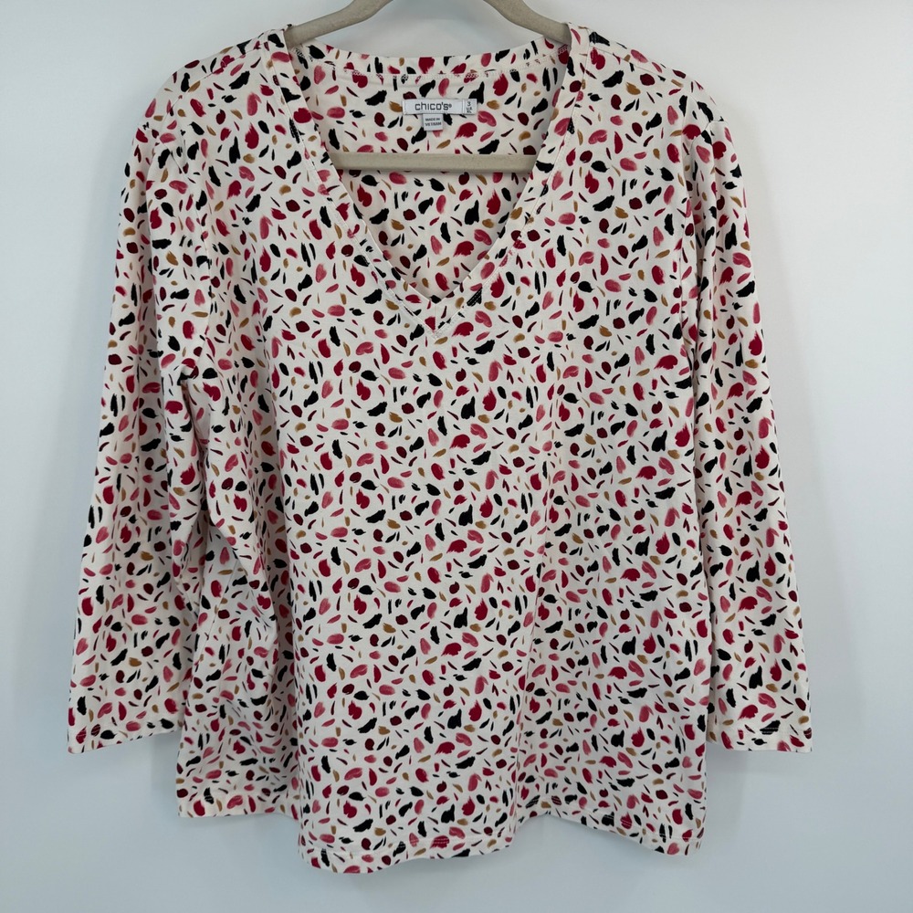 Chicos V-Neck Abstract Brushstroke Print 3/4 Sleeve Knit Top White Red Size 3 XL